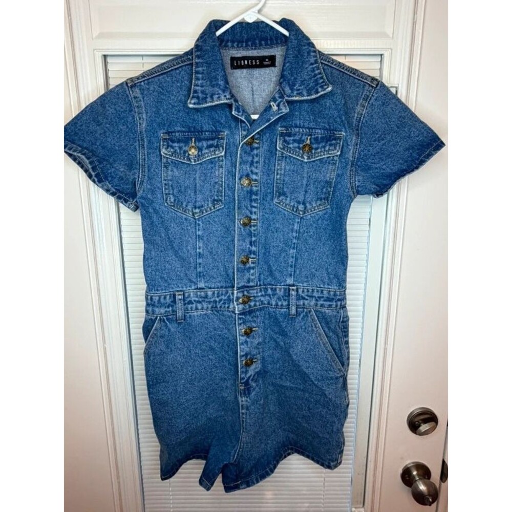 Lioness Denim Utility Romper Size Medium Short Sleeve Button Front